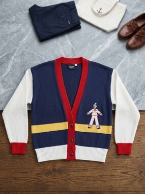 Vintage Catalina Navy, White & Red Knit Cardigan with Yellow Stripe